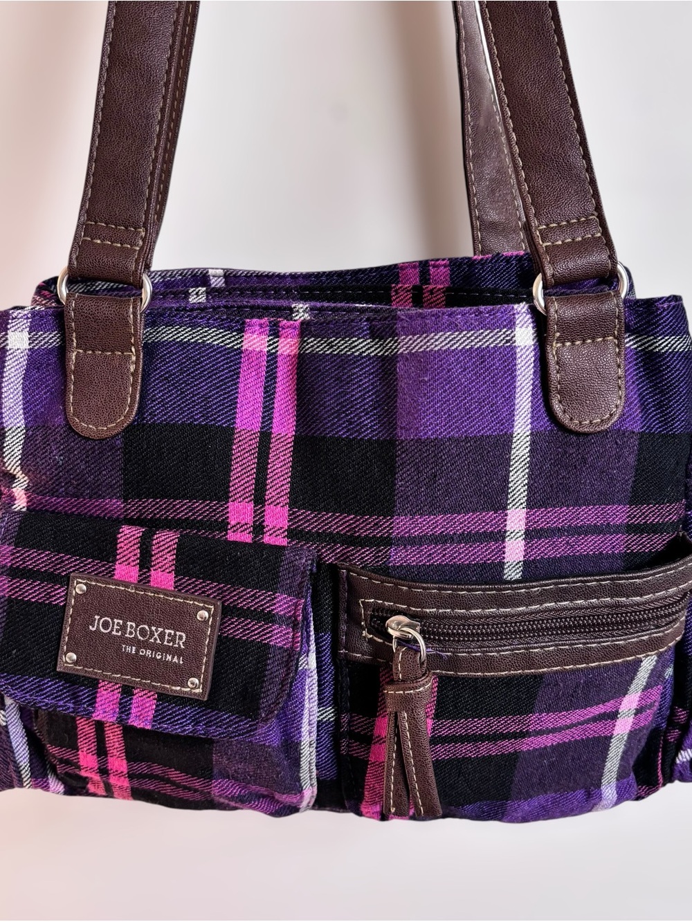 Joe Boxer Purple Plaid Bowler Bag with Brown Trim - Picture 3 of 9